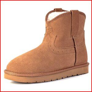 Women's Genuine Leather Ankle Boots, Slip On Winter Snow Booties